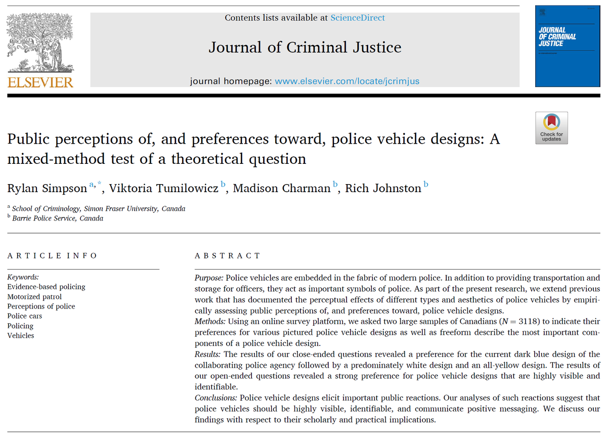 Police vehicles = ubiquitous in modern #policing. Most public obvs of police are of #police #vehicles. So, what does public think abt them? In new article, I collab w/ @BarriePolice to examine perceptions of & preferences twd police vehicle designs: doi.org/10.1016/j.jcri… A…