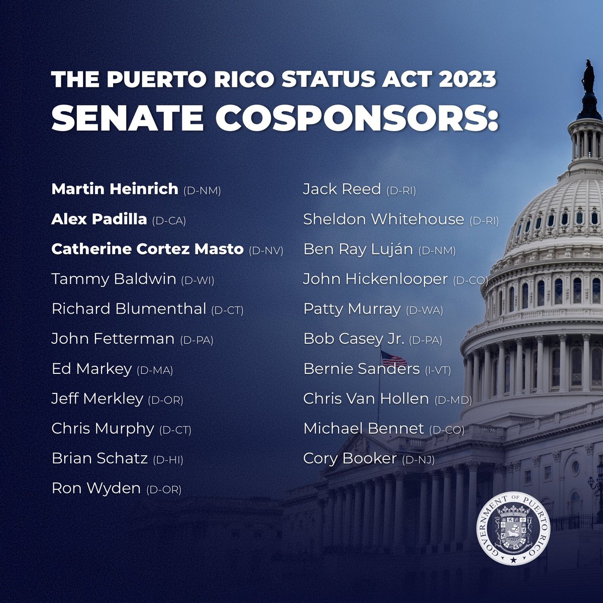 GovPierluisi's tweet photo. A historic number of senators answered the call to provide over 3.2 million American citizens in Puerto Rico full democracy under the U.S. constitution. #StatehoodForPR https://t.co/YM8tM6kRDA
