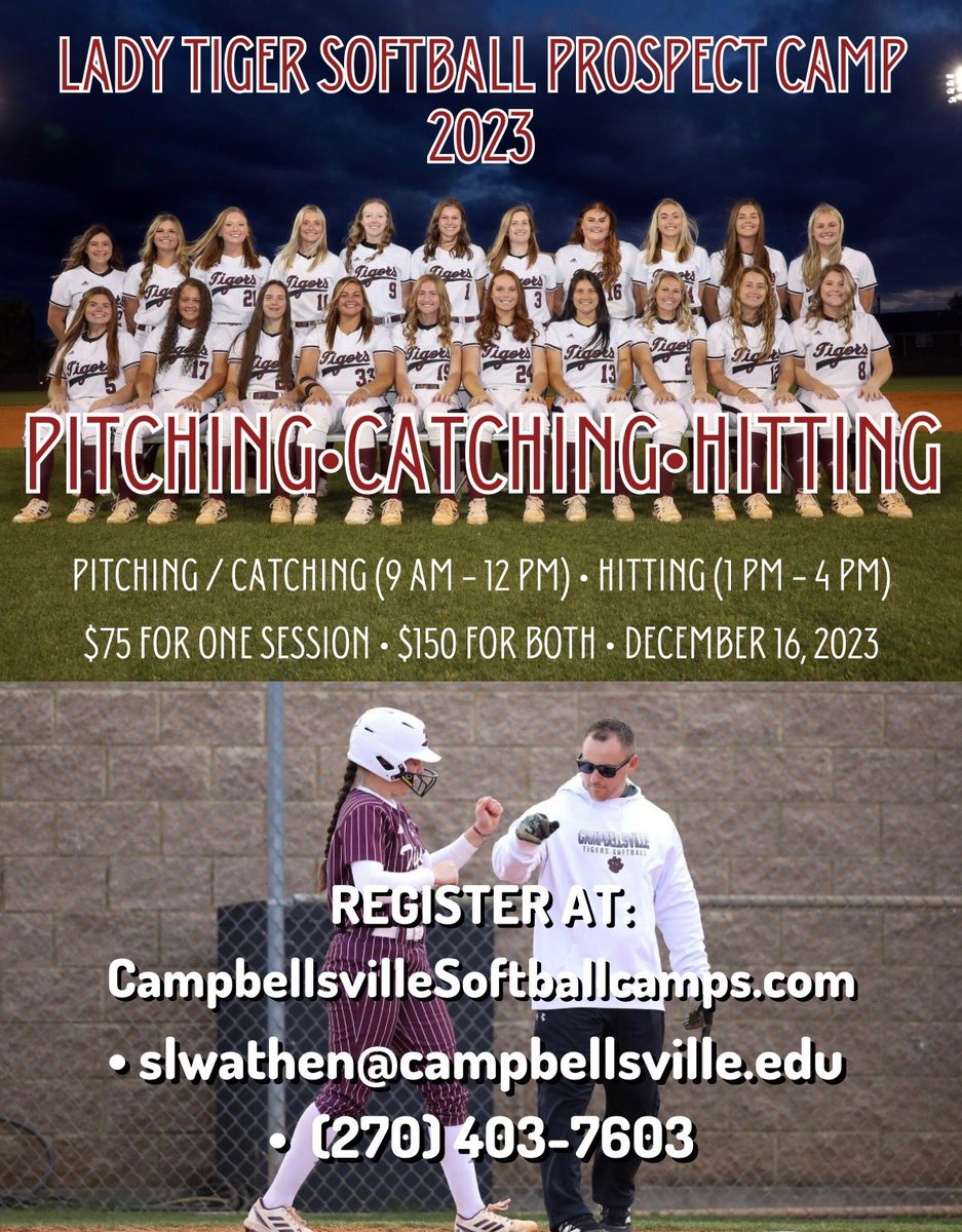 CVilleLTS's tweet photo. REGISTER NOW

Lady Tiger Softball is hosting a pair of PROSPECT CAMPS on Saturday, December 16 for Grades 7-12. We are thrilled to have back on campus UTEP Assist. Coach David Montoya to assist with the camp. Visit https://t.co/Js2g2KNwcs to get signed up today! @DavidRMontoya4 https://t.co/VpVxMbpMqH