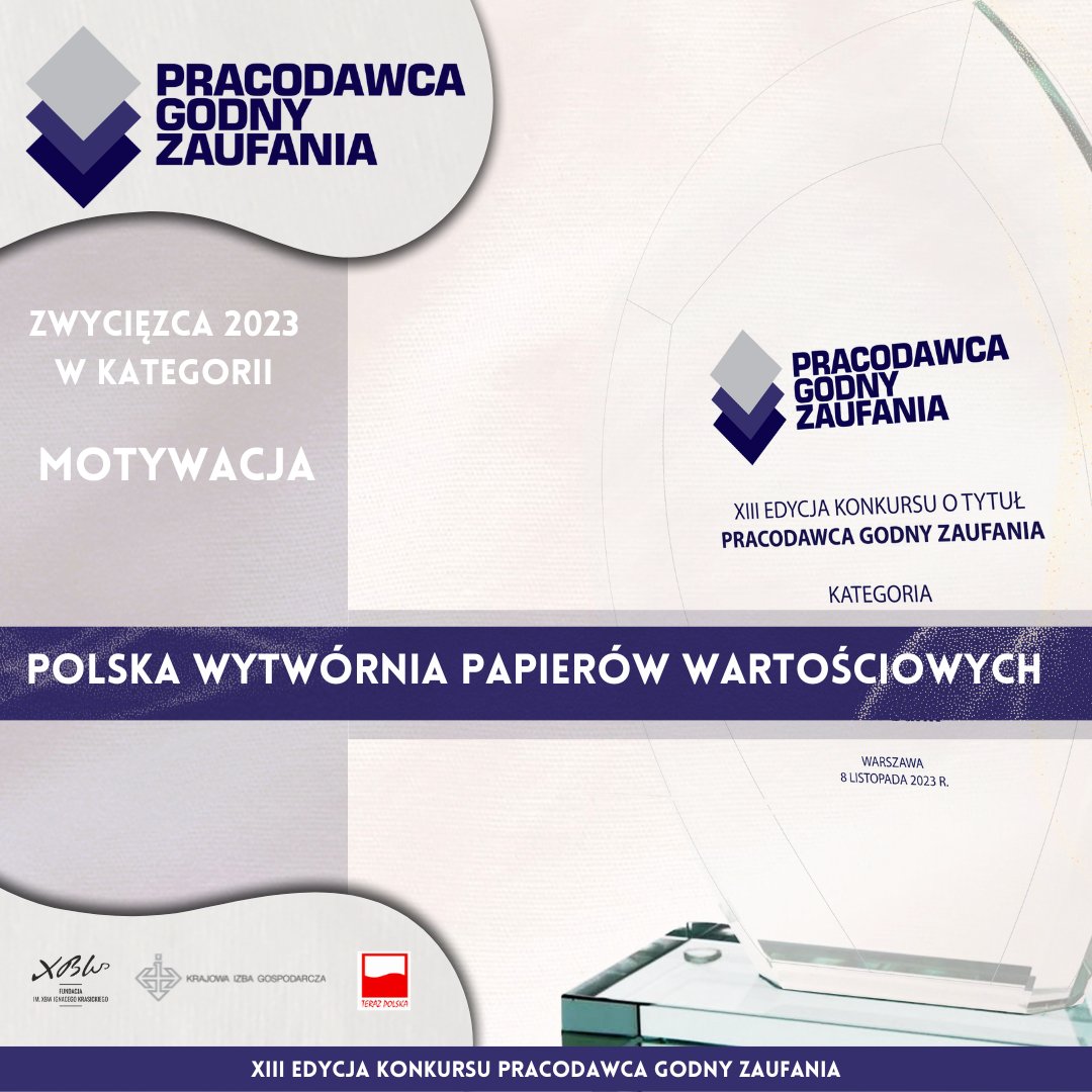 Pracodawca Godny Zaufania (@pracodawcagz) on Twitter photo Zwycięzcą Konkursu Pracodawca Godny Zaufania w kategorii MOTYWACJA jest:
Polska Wytwórnia Papierów Wartościowych
Nagrodę w imieniu <a href="/PWPW_SA/">PWPW</a> z rąk <a href="/AndrzejSadowski/">Andrzej Sadowski</a> Prezydenta <a href="/CentrumASmitha/">CentrumASmitha</a>
odebrał Piotr Jakielaszek - Zastępca Dyrektora Biura Personalnego PWPW. Zwycięzcą Konkursu Pracodawca Godny Zaufania w kategorii MOTYWACJA jest:
Polska Wytwórnia Papierów Wartościowych
Nagrodę w imieniu <a href="/PWPW_SA/">PWPW</a> z rąk <a href="/AndrzejSadowski/">Andrzej Sadowski</a> Prezydenta <a href="/CentrumASmitha/">CentrumASmitha</a>
odebrał Piotr Jakielaszek - Zastępca Dyrektora Biura Personalnego PWPW.
