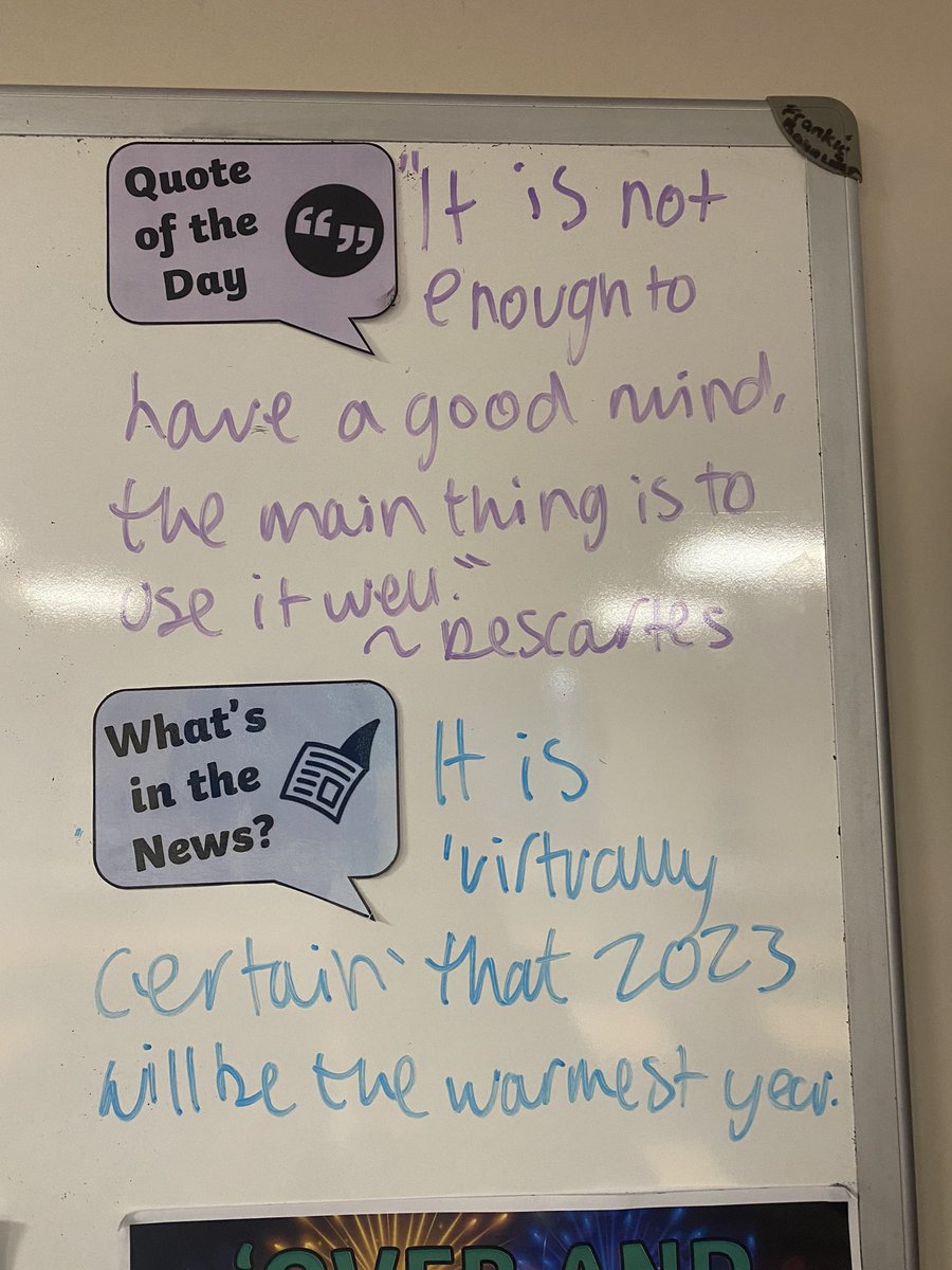 Everyday I try to update the quote of the day and what’s in the news section of my whiteboard. My tutor group always like to talk about them and remind me when I’ve not updated them! 

It’s the little things that students notice as part of their routines in learning.