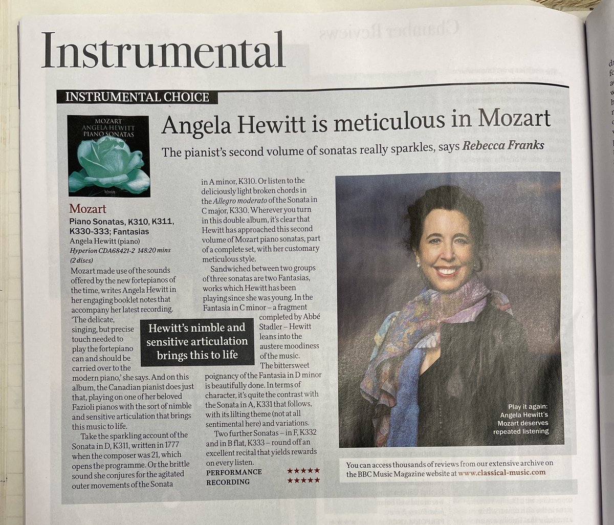 Instrumental Choice/BBC Music Magazine: my 2nd volume of Mozart Sonatas. Have you heard it yet? On all streaming platforms. Great music that sings & sparkles. Final double-CD will be recorded soon and I'm working HARD to prepare it really well. @hyperionrecords @Fazioli_Pianos