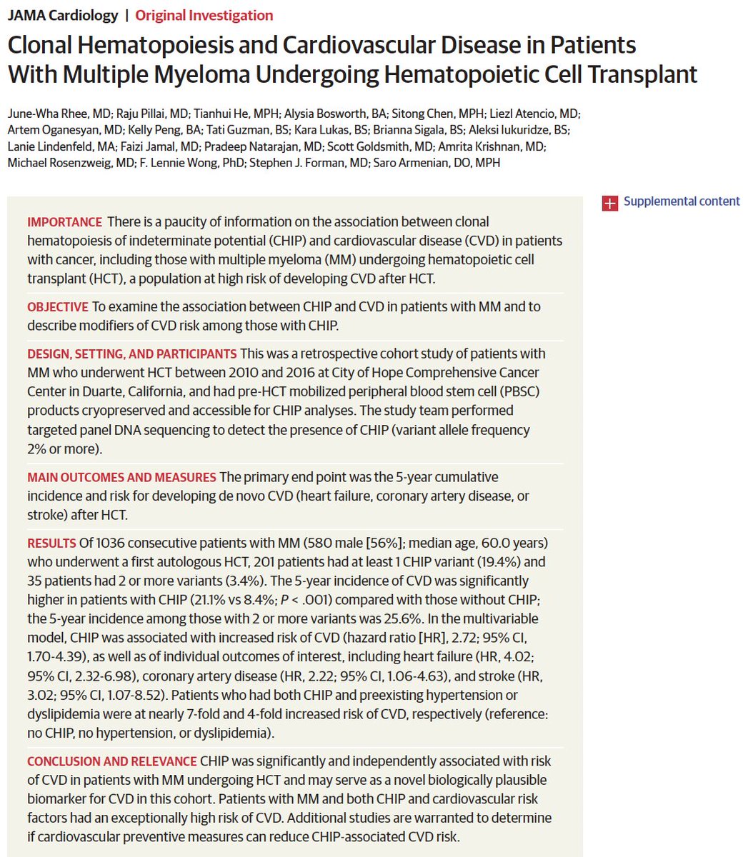 Excited to report our recent study regarding the prognostic implication of CHIP among MM patients undergoing HCT with @ArmenianSaro @cityofhope, published in @JAMACardio. We asked whether CHIP detected at the time of HCT is associated with increased risk of CVD among MM patients.