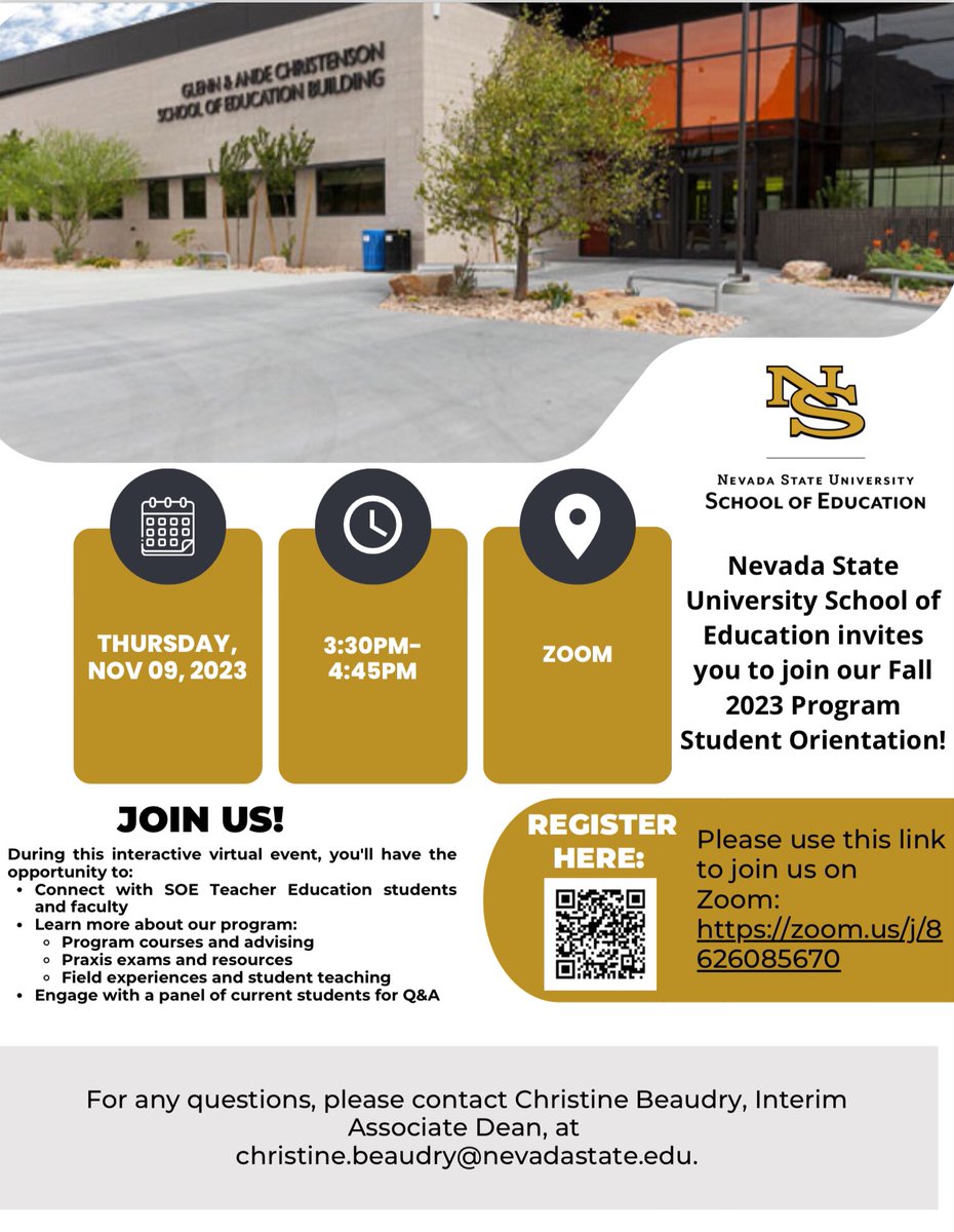 Join us for SOE Fall 2023 Student Orientation!

📆 Thursday, November 09, 2023

⏰ 3:30pm- 4:45pm

📍virtual on Zoom
#NSUSOE #NevadaStateUniversity #NevadaStateUniversitySchoolofEducation 📚🦂✨