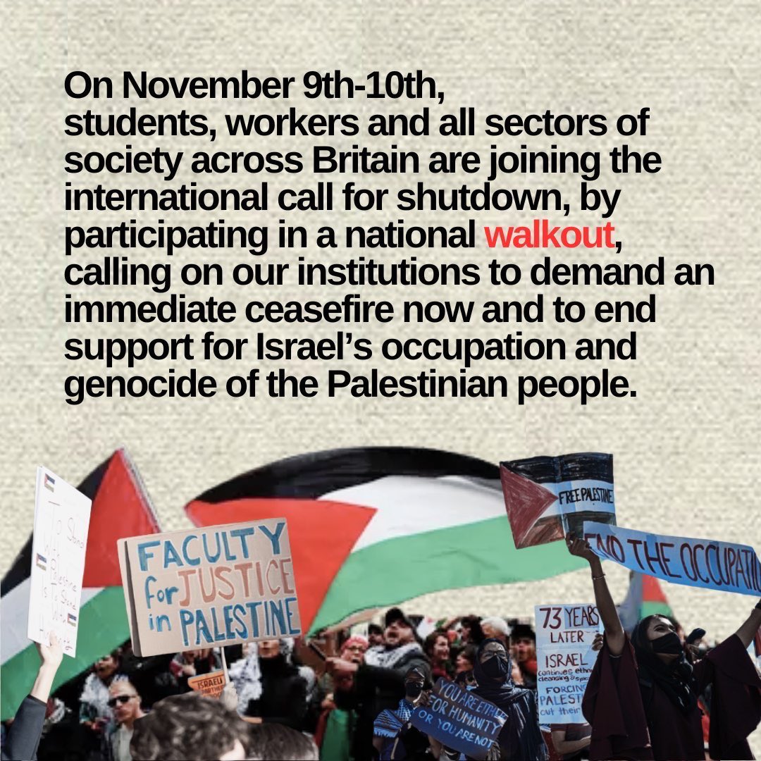 🚨 URGENT CALL 🚨 

Tomorrow, there has been an international call of walkouts across different workplaces, sectors and institutions. We are joining forces with other local universities, academics, local people to join KCL for their student call out. 

Numbers needed, join us!