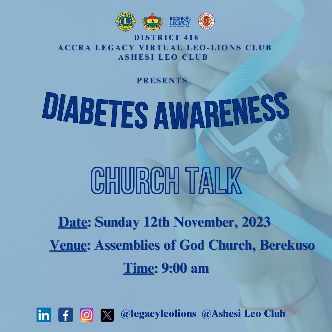 legacyleolions's tweet photo. We are visiting the Assemblies of God Church to empower and educate the congregation on diabetes in collaboration with @ashesileoclub.

#DiabetesAwareness 
#CommunityHealth
#CommunityEngagement
#AccraLegacy
#LegacyLeoLions
#VirtualClub
#LeoLions
#WeServe
#District418 https://t.co/Ka5iFisHoe