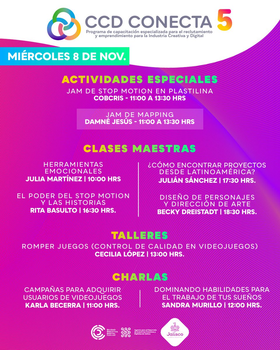 Pixelatl's tweet photo. Hoy es el cierre espectacular de las actividades presenciales de #CCDconecta 5. ¡Imperdibles conferencias a partir de las 16:30 en CCD. Al concluir habrá una sesión de networking con todos los ponentes para compartir tacos, tus dibujos y chelas. Y sí , también podrás ver las charlas online. Disponibles en: https://t.co/uLdSf3Mucd