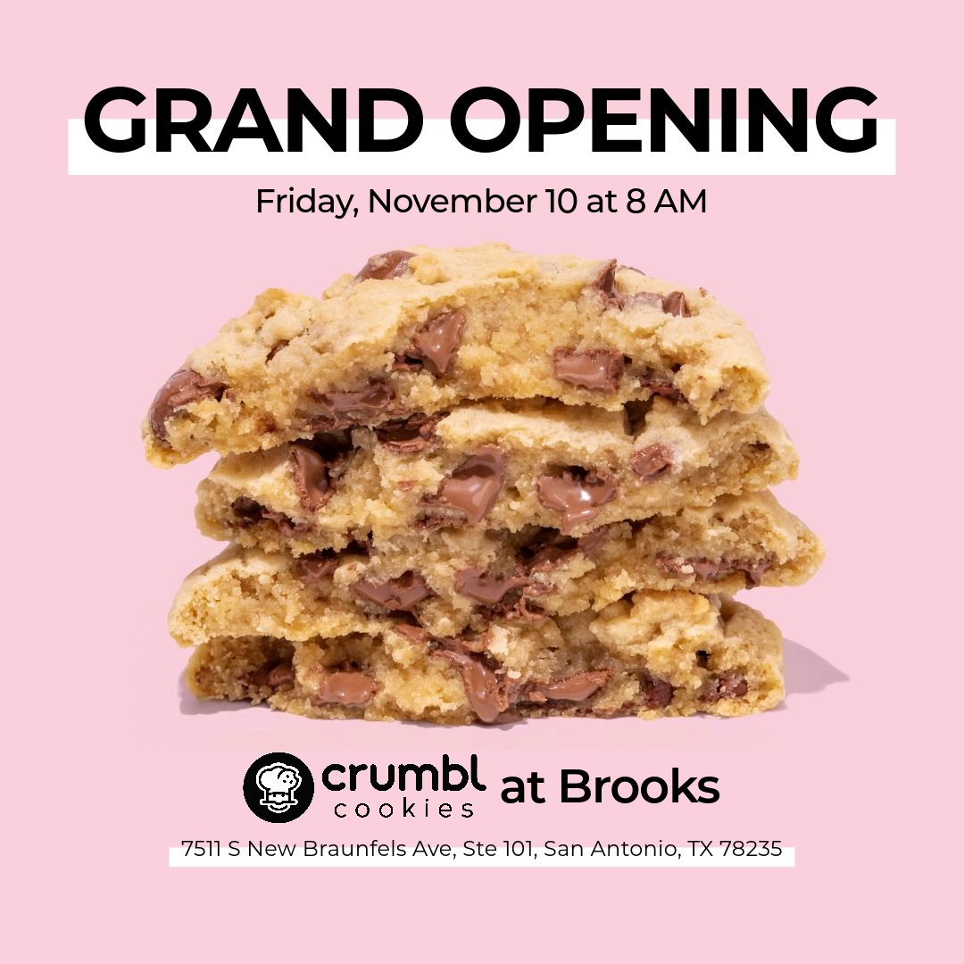 Join us in celebrating <a href="/CrumblCookies/">Crumbl</a>' grand opening at Brooks! Enjoy a ribbon cutting ceremony, live DJ music, and much more. Guests will receive one free cookie and the first 20 will get a free Crumbl Party Box. We hope to see you there! 🍪 #LiveBrooks #crumblcookies #satx