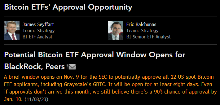 BitcoinMagazine's tweet photo. JUST IN: 🇺🇸 Bloomberg analysts say a "brief window" opens tomorrow for SEC to potentially approve spot #Bitcoin ETFs, and it will be open for at least 8 days. https://t.co/CfDXylvd8v