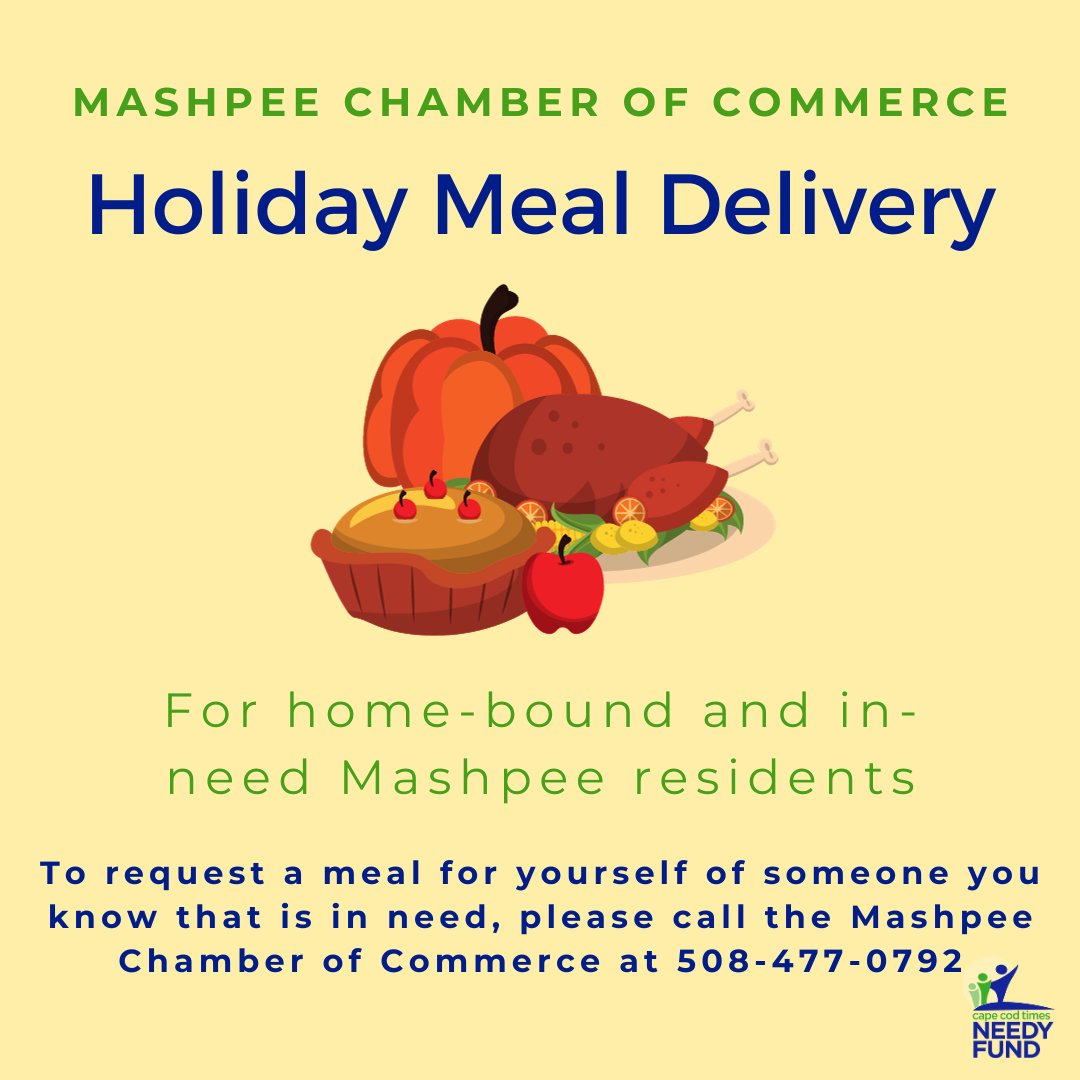 Each year, the Mashpee Chamber of Commerce is proud to organize and deliver holiday dinners to home-bound and in-need Mashpee residents.  
Learn more about the Mashpee Chamber of Commerce <a href="/MashpeeChamber/">Mashpee Chamber of Commerce</a> 

#nonprofit #thanksgivingmeal