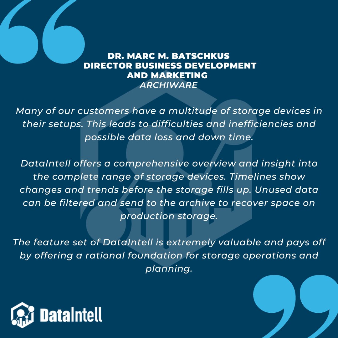 💭 One of our valued technology partners, from @Archiware, enthusiastically shares his experience with DataIntell.
 
#DataAnalytics #Storage #Software #Quote #DataGrowth #UnstructuredData #Data #StorageAnalytics #Optimizeyourdata #Insight #DataManagement #BusinessIntelligence