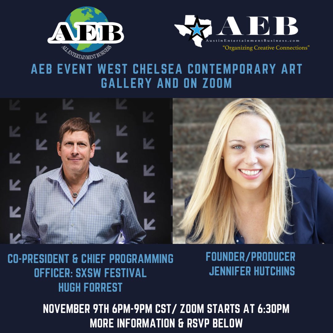 Austin Entertainment Business (@business_austin) on Twitter photo Join us at the Nov. 9 AEB Event in person or on Zoom.
In person RSVP: allentertainmentbusiness.com/offers/J5AGSpi…
*Zoom RSVP: allentertainmentbusiness.com/offers/UdVhsNf…
Guest Speaker Co-President & Chief Programming Officer for SXSW <a href="/Hugh_W_Forrest/">Hugh Forrest</a> oversees content for the @SXSW Conference.
#SXSW #filmfest Join us at the Nov. 9 AEB Event in person or on Zoom.
In person RSVP: allentertainmentbusiness.com/offers/J5AGSpi…
*Zoom RSVP: allentertainmentbusiness.com/offers/UdVhsNf…
Guest Speaker Co-President & Chief Programming Officer for SXSW <a href="/Hugh_W_Forrest/">Hugh Forrest</a> oversees content for the @SXSW Conference.
#SXSW #filmfest