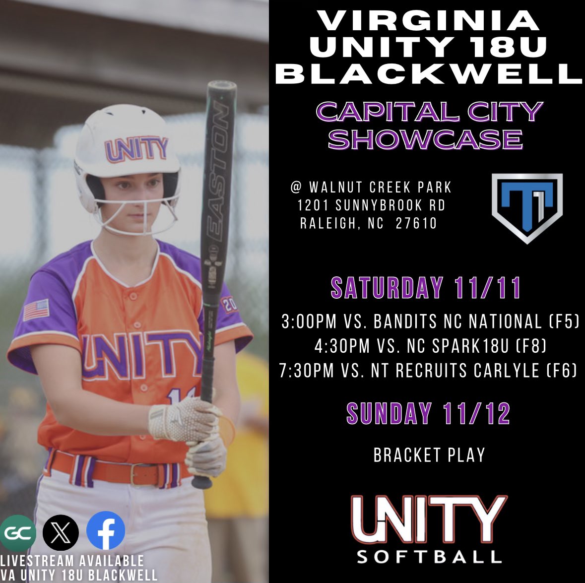 We are wrapping up this fall season in Raleigh, NC! Come watch us under the lights as we lay it all out on the field before we start our off-season training. 🧡💜 #LetsGoU <a href="/VAUnitySB/">Unity Softball</a> <a href="/odacathletics/">ODAC</a> <a href="/HBCUSoftball/">HBCU Softball</a> <a href="/B1Gsoftball/">Big Ten Softball</a>