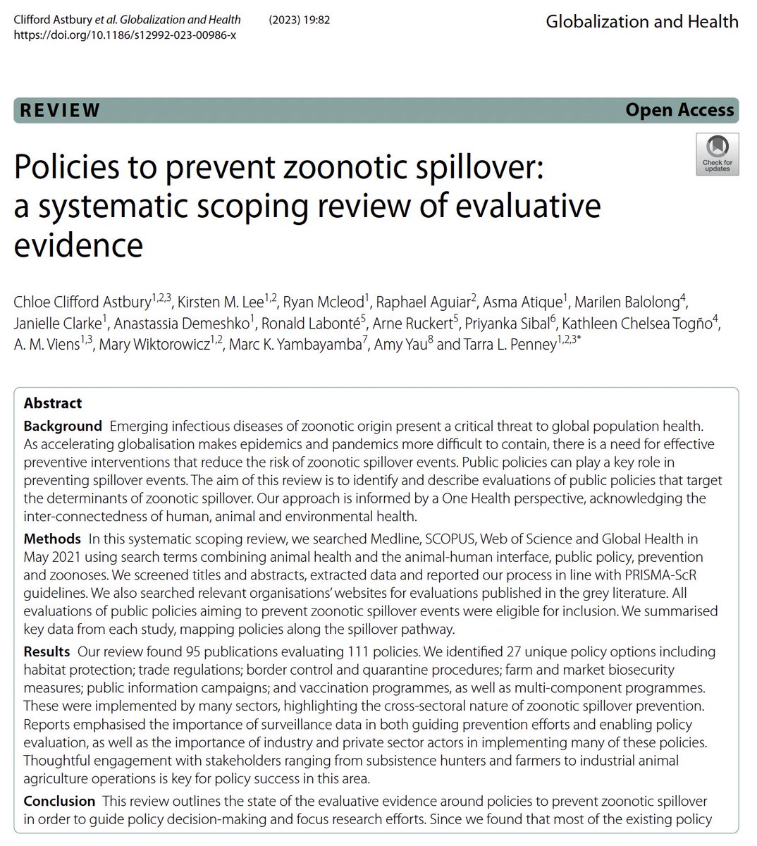 🌏Our review led by @chloecastbury on Policies to Prevent Zoonotic Spillover from a #OneHealth perspective. Looking at the evidence on policy success, failure and unintended consequences. #pandemicprevention #globalpolicy 

📖Read then full paper here:
link.springer.com/article/10.118…
