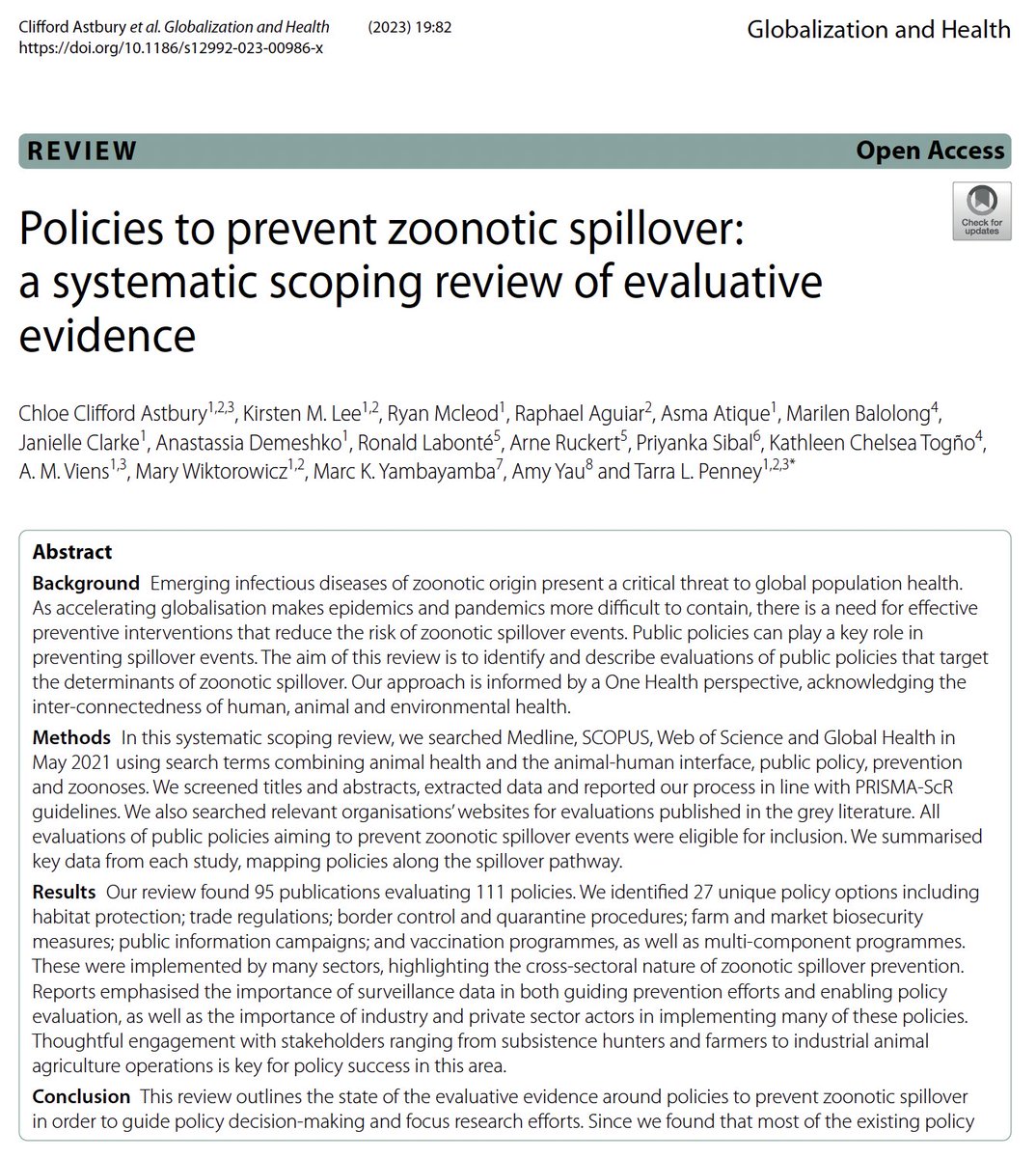 🌏Our review led by @chloecastbury on Policies to Prevent Zoonotic Spillover from a #OneHealth perspective. Looking at the evidence on policy success, failure and unintended consequences. #pandemicprevention #globalpolicy 📖Read then full paper here: link.springer.com/article/10.118…