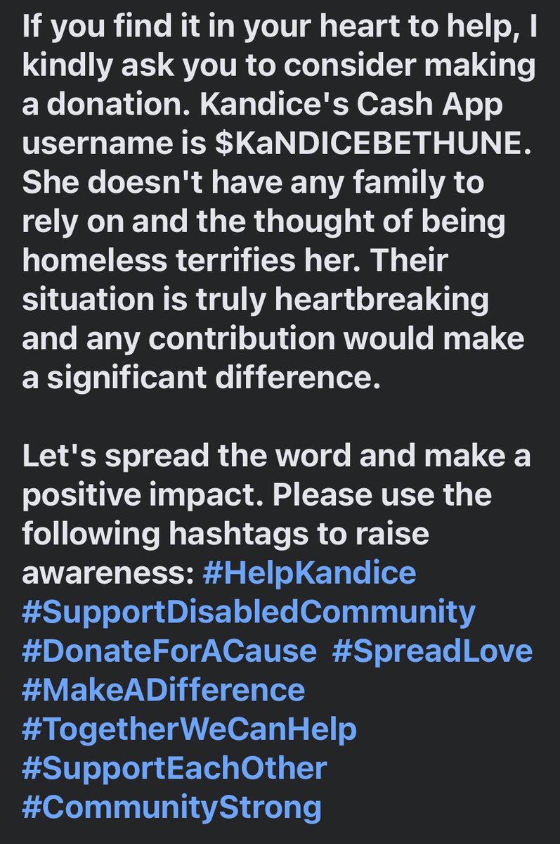 #HelpKandice #SupportDisabledCommunity #DonateForACause #SpreadLove #MakeADifference #TogetherWeCanHelp #SupportEachOther #CommunityStrong