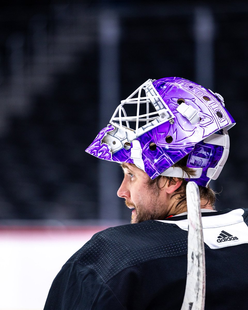 FlaPanthers's tweet photo. Bob’s new Hockey Fights Cancer mask is a stunner 💜

🎨 by @daveartofficial https://t.co/5VIG43NqH0