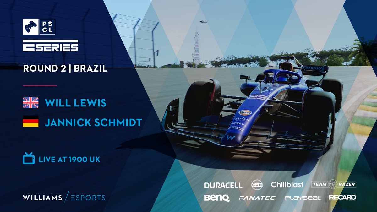 Let's go racing in Brazil! 🇧🇷

<a href="/PremierSimGL/">PSGL</a> E-SERIES continues with Round 2 tonight! 

🇬🇧 <a href="/Will_Lew75/">Will</a> 
🇩🇪 <a href="/_Jannick_S/">Jannick</a>

📺 LIVE from 19:00 UK at: youtube.com/live/c7IrzQV0E…

#WilliamsEsports #SimRacing #esports #F1 #PSGL