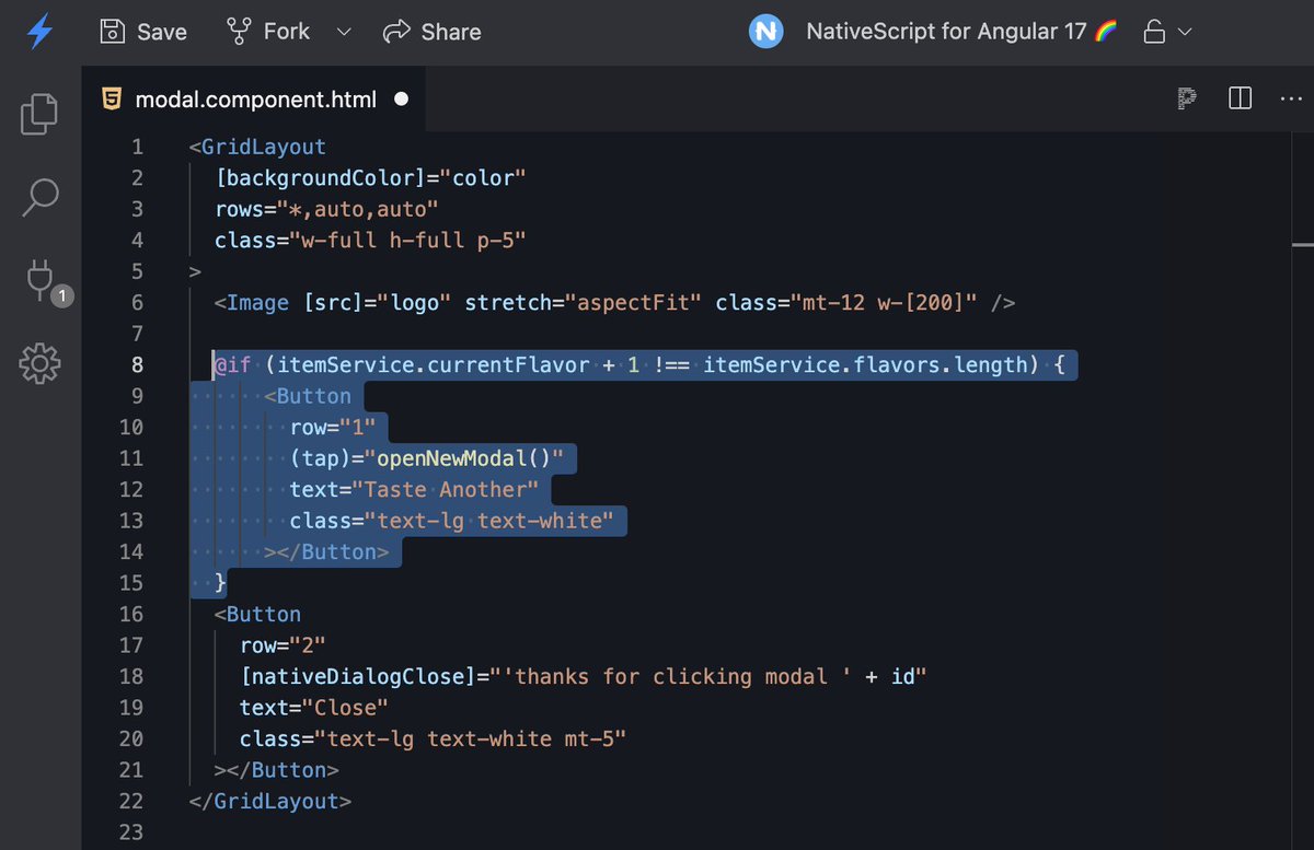 NativeScript's tweet photo. 💫 @nativescript/angular 17 released

Pretty cool using control flow syntax to conditionally show UIKit, SwiftUI, Compose and Android widgets.

👏 Great job @angular team!

We added an example in the @stackblitz, in modal.component 👇
https://t.co/mc7uSfOlS1 https://t.co/5L0AUIwWg9