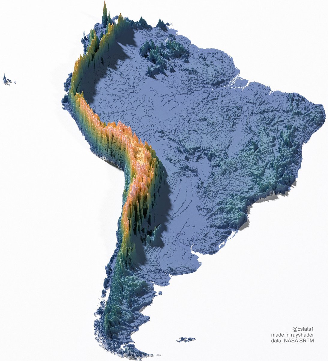 South America elevation tile map.