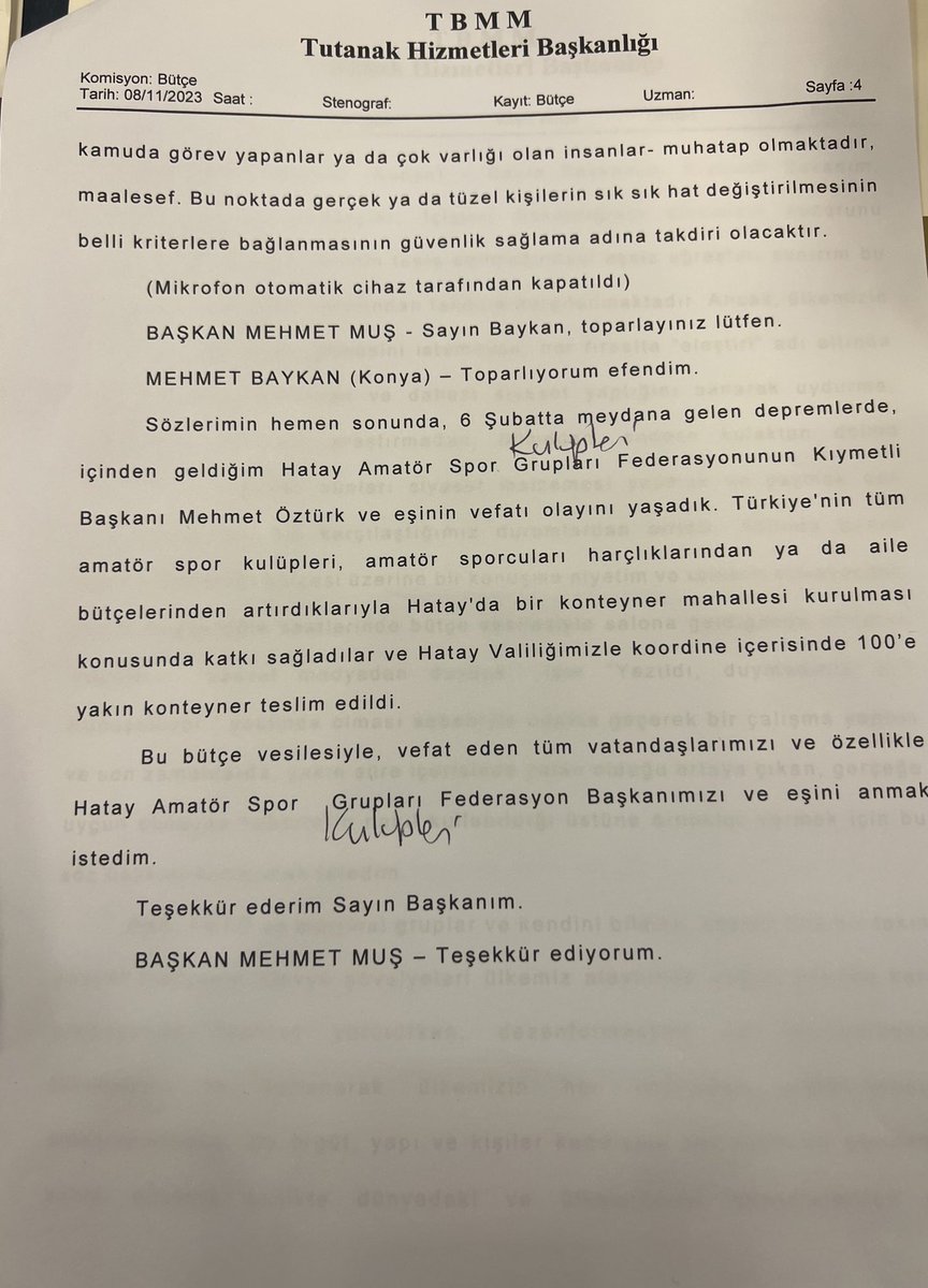 TBMM Plan Bütçe Komisyonunda İçişleri Bakanlığı 
bütçe görüşmeleri sırasında 6 Şubat depreminde vefat eden Hatay ASKF Başkanımız Mehmet Öztürk ve sevgili eşini andım.
Rabbim rahmet eylesin…