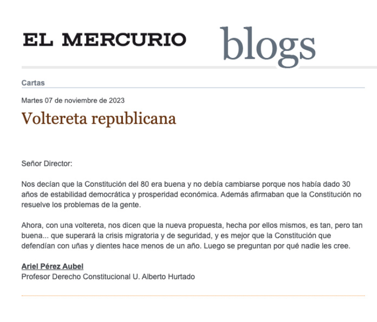 📰 Carta al Director de El Mercurio | “Voltereta republicana” Escribe el profesor de Derecho Constitucional, Ariel Pérez Aubel.