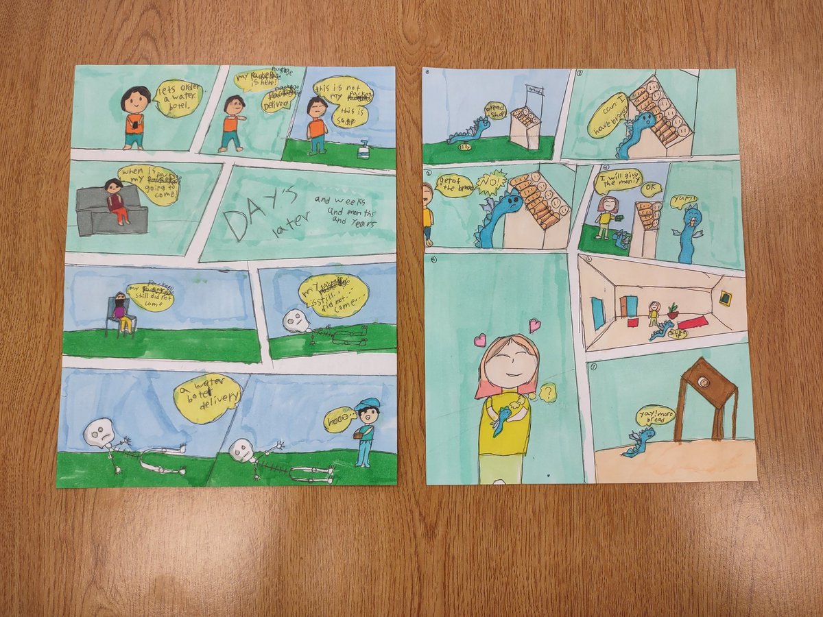 Kingswood_Media's tweet photo. Today, a @Kingswoodbuzz third grader from Mrs. Yow's class showed me some comics she made after our #TeachGraphixWeek lesson. She was clearly inspired by the video by @SuperRisu explaining the stages of creating a comic! I β€οΈ her use of color here! @ScholasticEdu https://t.co/YpfvCd0l7F