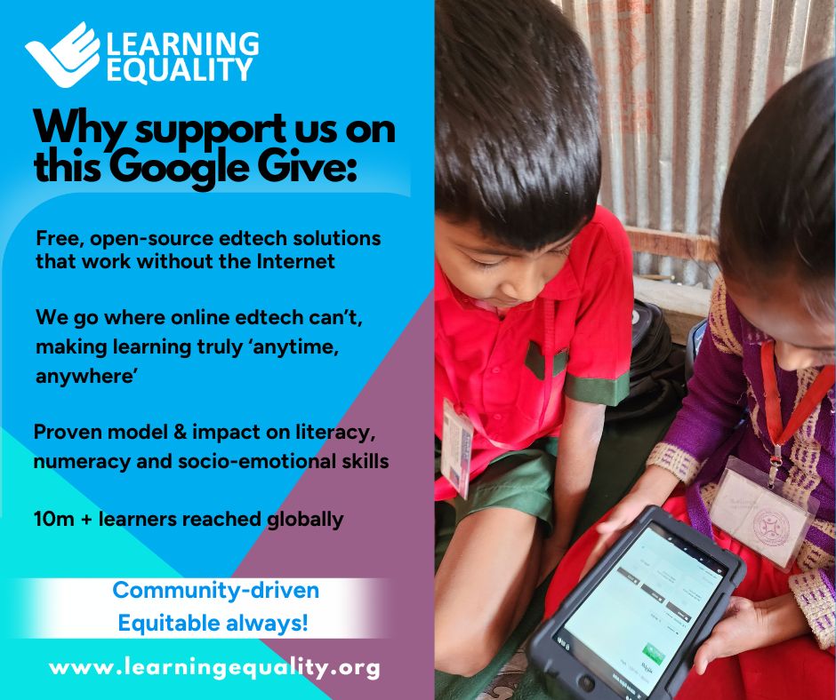 Hello friends <a href="/Google/">Google</a>, #charity is🔥!
If you're looking to make an impact during #Googlegives week, think of Learning Equality. We create #edtech that reaches learners everywhere, especially where the internet doesn't: