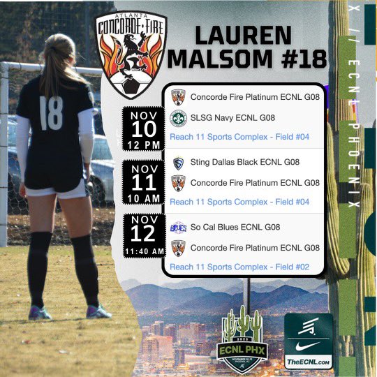 So excited for ECNL Phoenix this weekend!! Come watch my <a href="/ConcordeFire08G/">Concorde Fire 08G ECNL Platinum</a> team play some great competition. <a href="/ECNLSoutheast/">ECNL Southeast Girls</a> <a href="/ECNLgirls/">ECNL Girls</a> <a href="/TopDrawerSoccer/">TopDrawerSoccer</a> <a href="/PrepSoccer/">Prep Soccer ⚽️</a>