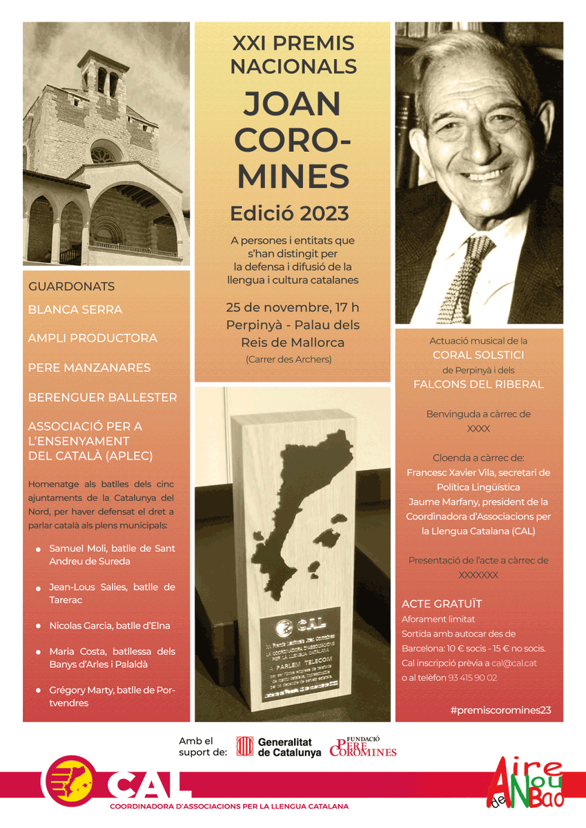 JaumeMarfany's tweet photo. Els XIX PREMIS NACIONALS JOAN COROMINES @CAL_cat  guardonaran i faran un homenatge a l'immens treballa a favor del català que s'ha fet i es fa a la Catalunya del Nord. 25 de novembre de 2023 Palau dels Reis de Mallorca de Perpinyà https://t.co/htv3GKN3kJ