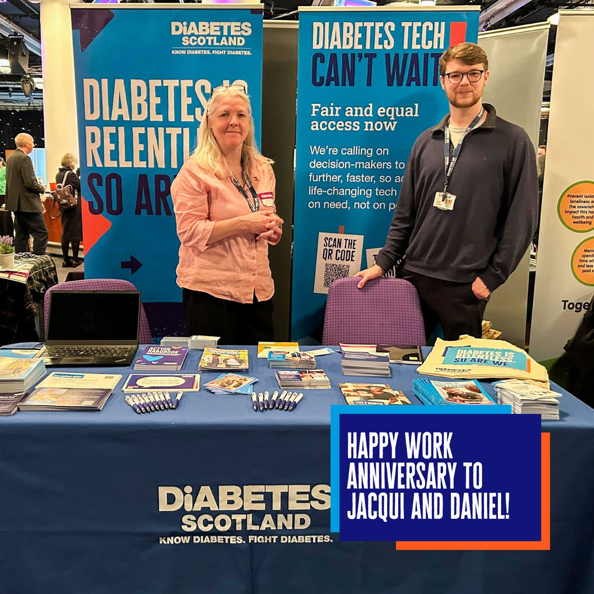 DiabetesScot's tweet image. 💙 Happy work anniversary to our Comms Manager, Jacqui and Campaigns and Public Affairs Officer, Daniel who both are celebrating 1 year at Diabetes Scotland - pictured at the @scvotweet Gathering!