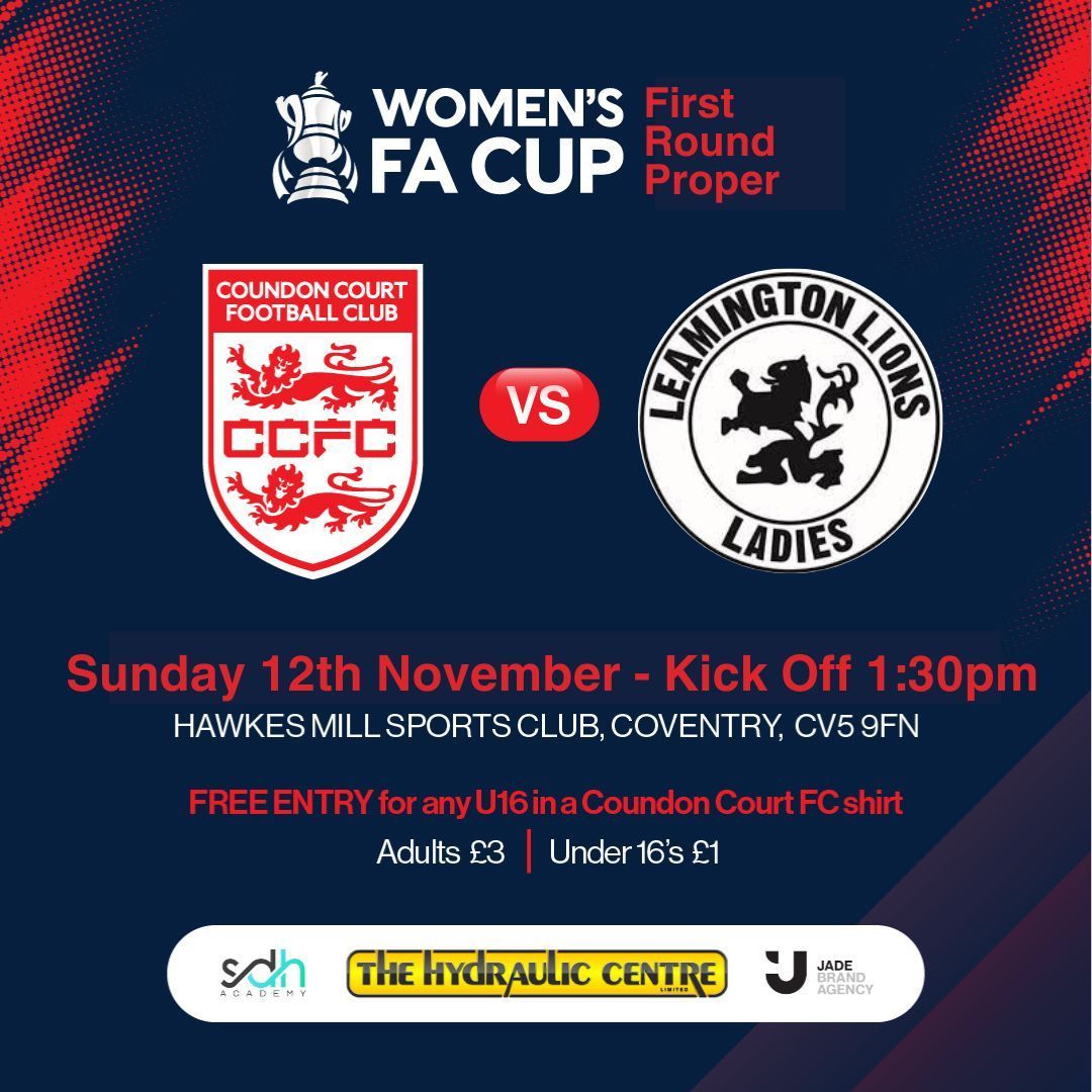Coundon Court LFC (@coundoncourtlfc) on Twitter photo 🏆 NEXT UP 🏆
It's the big one...
We face <a href="/LeamingtonLFC/">Leamington Ladies FC</a> at home in the 1st Round Proper of @FACupWomens
The support at our home games this season has been amazing, lets keep it going, please come and cheer us on 👏
Bar will be open, refreshments available.
#WomensFACup 🏆 NEXT UP 🏆
It's the big one...
We face <a href="/LeamingtonLFC/">Leamington Ladies FC</a> at home in the 1st Round Proper of @FACupWomens
The support at our home games this season has been amazing, lets keep it going, please come and cheer us on 👏
Bar will be open, refreshments available.
#WomensFACup