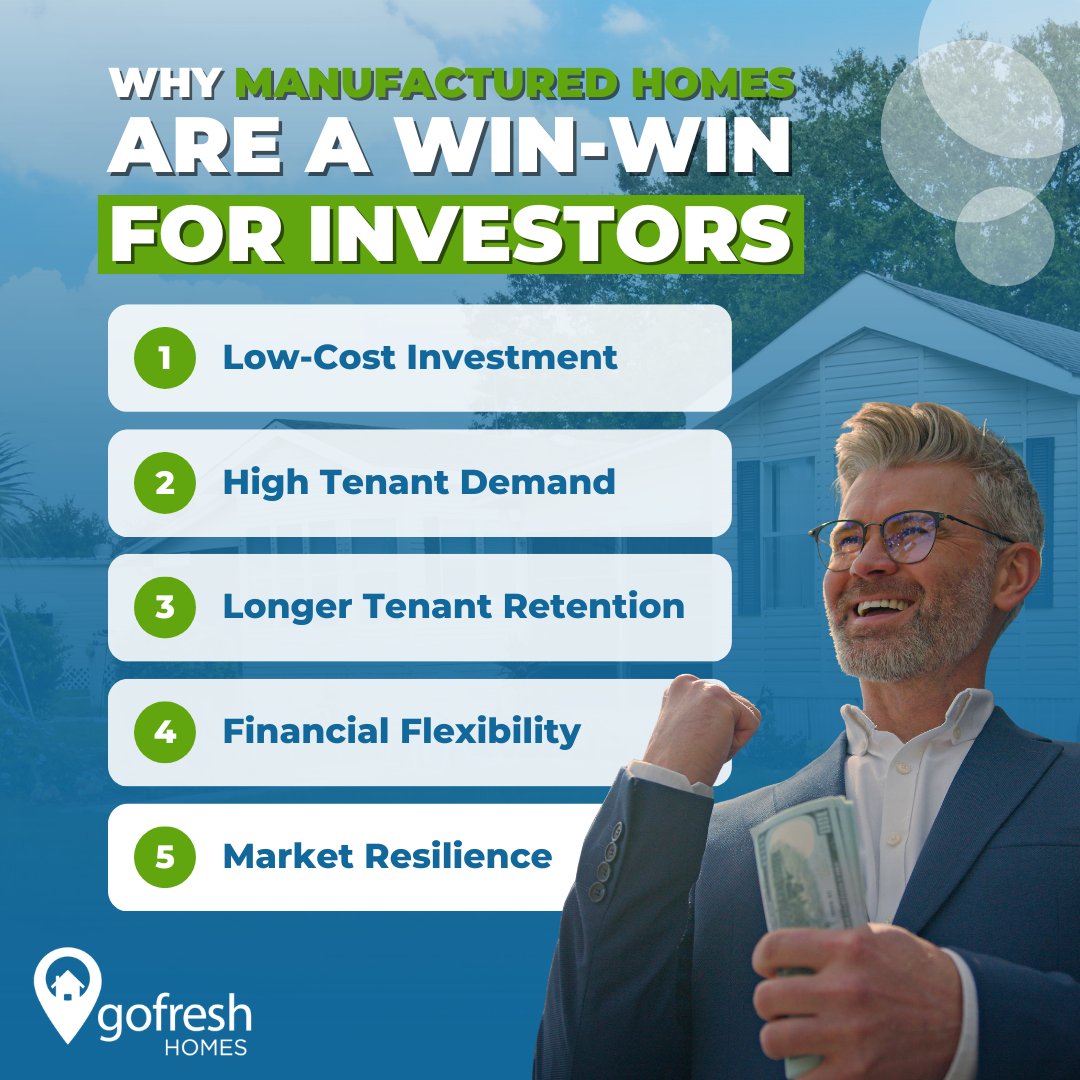Why are smart investors eyeing manufactured homes? 🏡
 
Low costs, high demand &amp; tenants love staying put! 📈💰 Make the savvy choice with Go Fresh Homes today. 

#SmartInvesting #HighDemand #GoFreshHomes