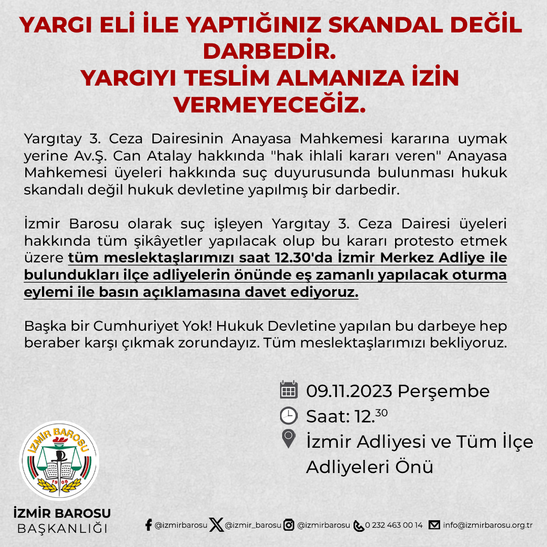 YARGI ELİ İLE YAPTIĞINIZ SKANDAL DEĞİL DARBEDİR. YARGIYI TESLİM ALMANIZA İZİN VERMEYECEĞİZ.

Yargıtay 3. Ceza Dairesinin Anayasa Mahkemesi kararına uymak yerine Av.Ş. Can Atalay hakkında "hak ihlali kararı veren" Anayasa Mahkemesi üyeleri hakkında suç duyurusunda bulunması hukuk