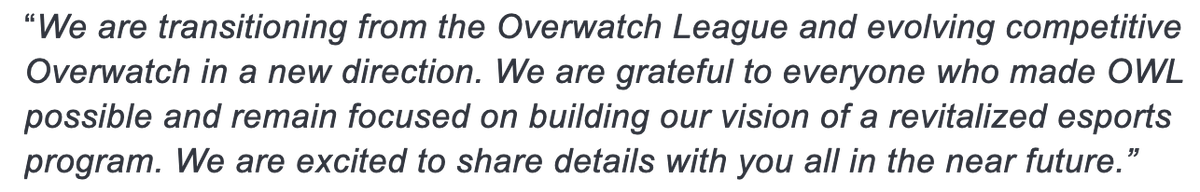 JacobWolf's tweet photo. Activision Blizzard's confirmed in a statement @YiskaOut that the Overwatch League is over. 

As Yiska and I both previously reported, Blizzard's already begun negotiating with independent organizers to run Overwatch esports in 2024—with the likely winner being ESL FACEIT Group. https://t.co/fEkyd81IFA