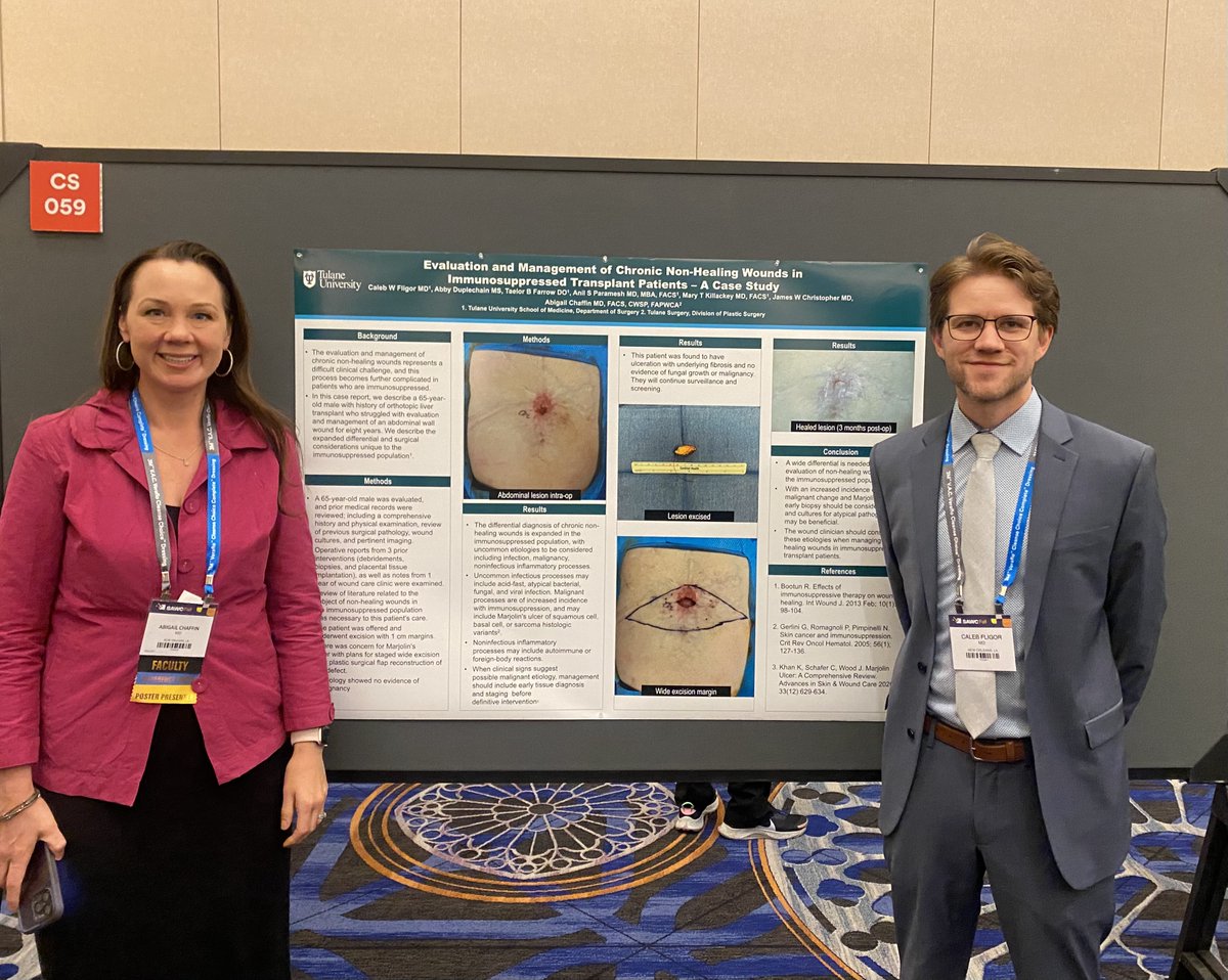 Tulane_Surgery's tweet photo. Residents Caleb Fligor, MD, &amp; Dylan Wolff, MD, presented their posters at last week's Symposium on Advanced Wound Care conference in Las Vegas last week! Dr. Abigail Chaffin, Chief of the Section of Plastic Surgery, also presented on three panels! #TulaneSurgery  #sawcfall https://t.co/pL3rkWR45e