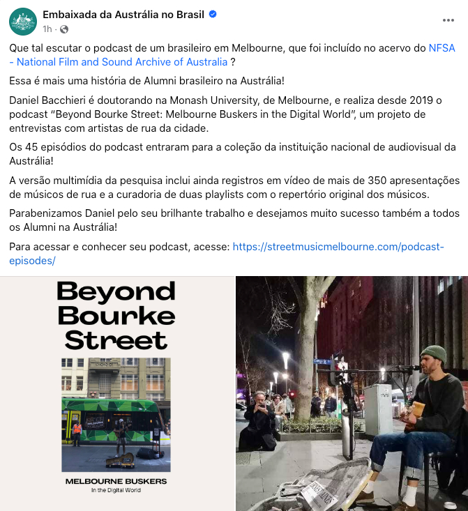 BacchieriDaniel's tweet photo. Muito obrigado/Thank you so much, @EmbAusBrasil. #PhD research and #podcast series 'Beyond Bourke Street: Melbourne Buskers in the Digital World' highlighted by the Australian Embassy in Brazil. https://t.co/ifsIjbx4QG https://t.co/afZUF3baox