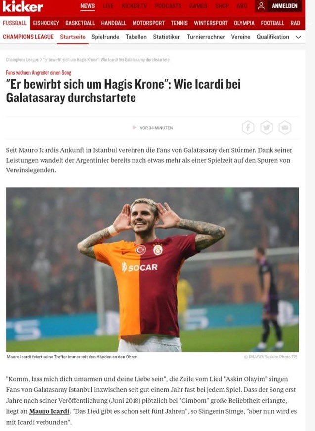 Kicker, İcardi için sitesinde geniş bir yer ayırdı. 📌Hagi'nin tahtına koşuyor. 📌Taraftarlar, İcardi gibi saçlarını boyuyor. 📌İcardi'nin golü sonrası tüm stat 'Aşkın Olayım' şarkısı söylüyor.