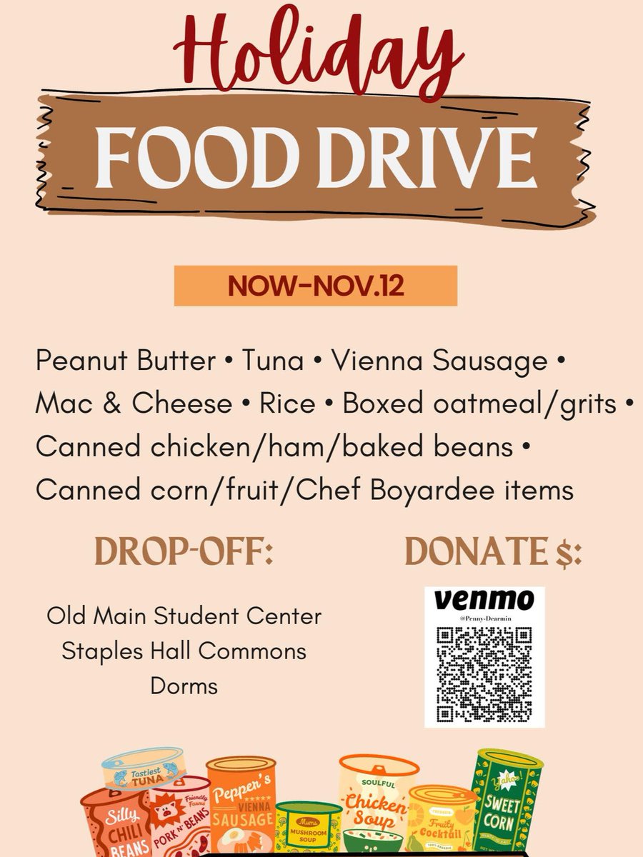 Holiday food drive here at Andrew College through Nov. 12th. Drop-off locations are listed below or donate through Venmo! #AndrewServes #AndrewCares #AndrewTigers #AndrewCollege