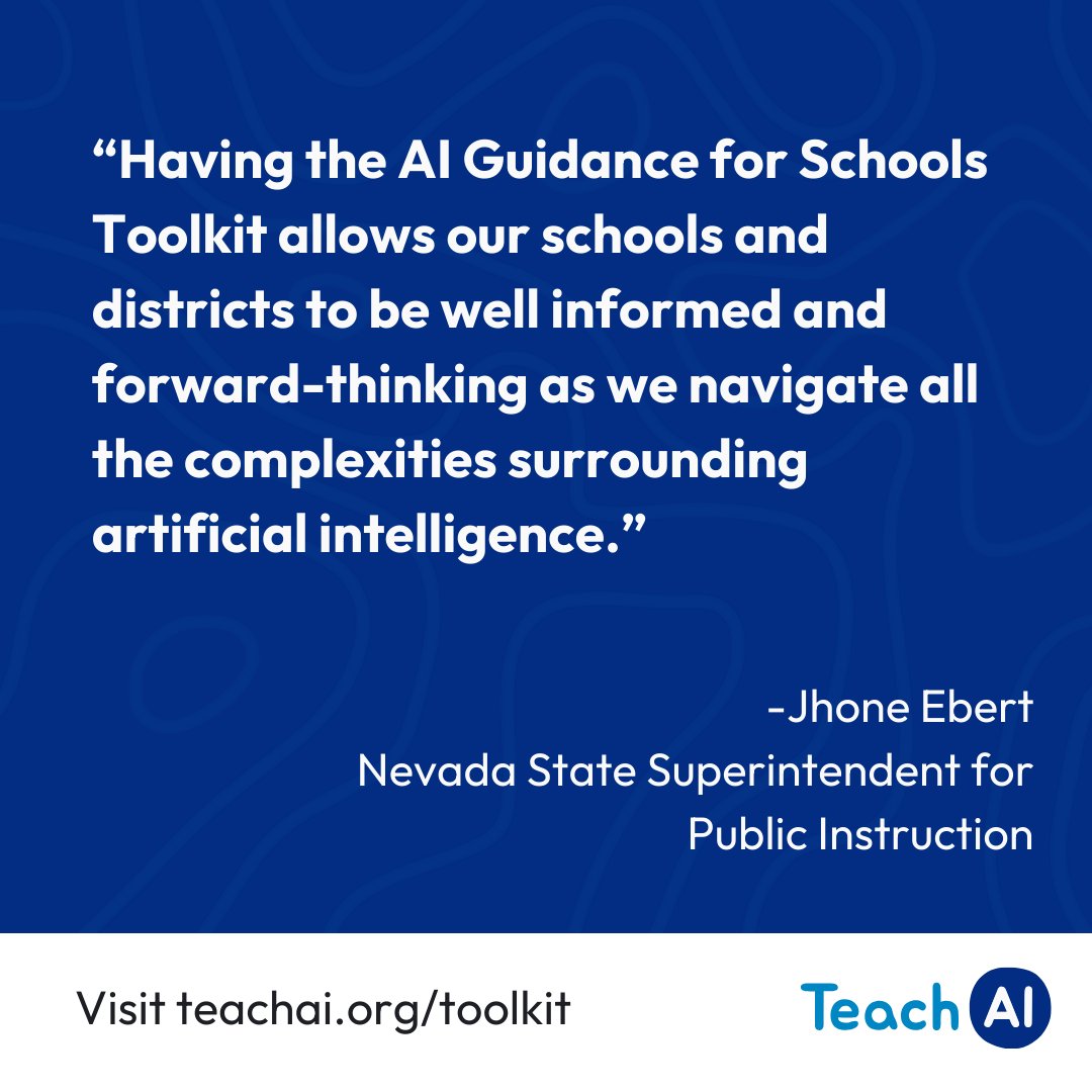 NvstateED's tweet image. Let&apos;s work together to ensure that AI is used to enhance learning and equity in education. This means developing policies and practices that support all students in developing digital skills and literacy to use AI responsibly. Visit: teachai.org/toolkit @nvsupt #TeachAI