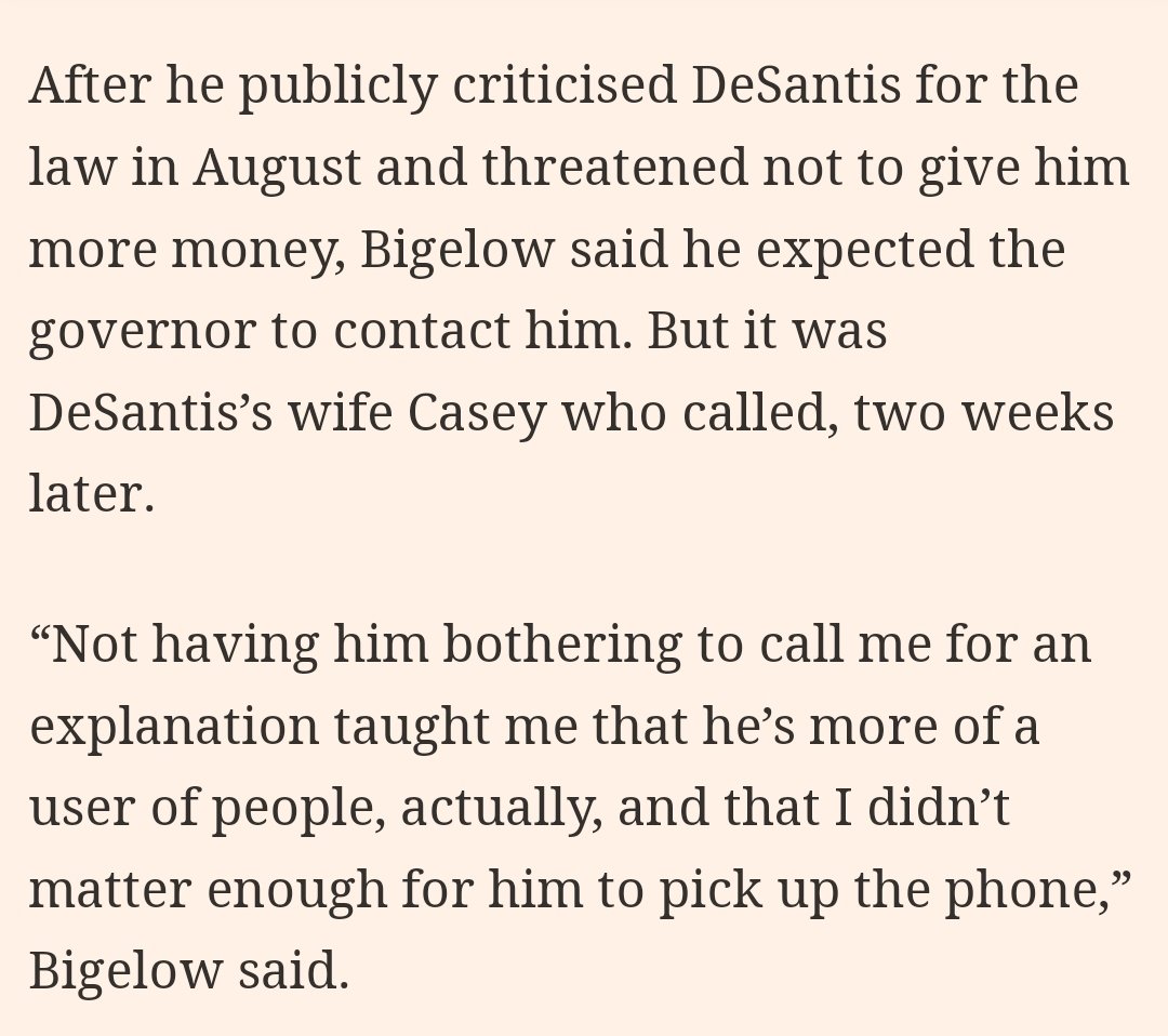 What an absolutely stunning revelation. Robert Bigelow gave DeSantis $20+ million in March for his Presidential campaign. DeSantis immediately betrayed Bigelow and wasn't even man enough to call and explain his actions. Instead, he had his wife, Casey DeSantis call. Pussy.