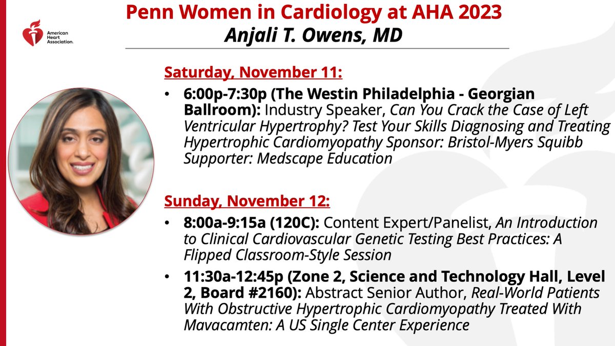 Associate Professor of Medicine and Medical Director of the world class @PennCardiology Center for Inherited Cardiovascular Disease @tikuowens will be sharing her expertise in #cvHCM and #cvGenetics at @AHAScience #AHA23