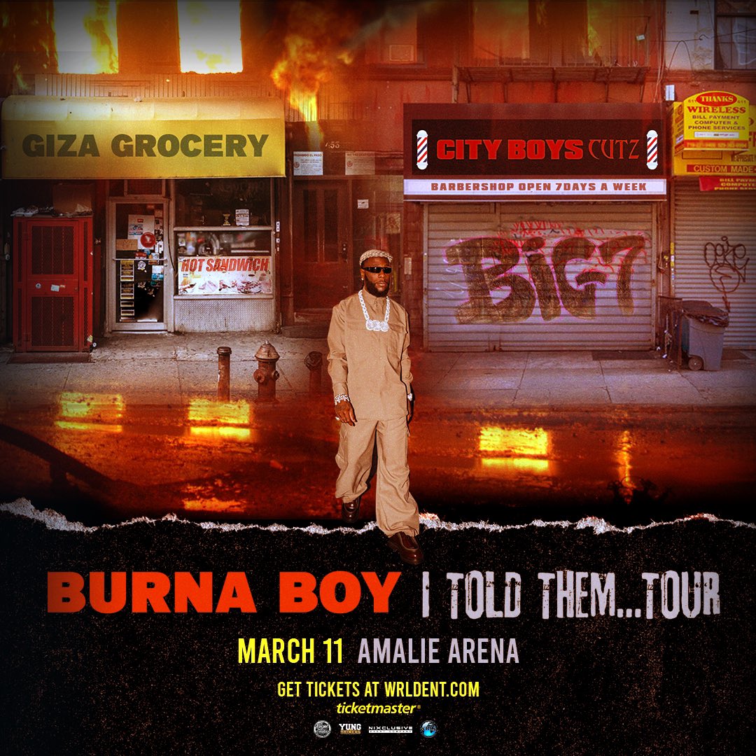 Just added!! 🚨 3/11/24 – Tampa, FL – Amalie Arena Presale Tomorrow General Sale Friday Tickets: ticketmaster.com/burna-boy-i-to… #ITOLDTHEM #ITOLDTHEMTOUR
