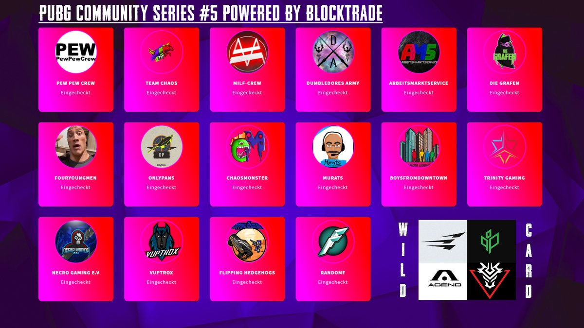 <a href="/vuptrox/">Vuptrox</a> @BFD_PUBG @spvgchaos <a href="/chaosmonster/">Alicia Boyd</a> <a href="/TNT_GamingEU/">Trinity Gaming</a> <a href="/sproutGG/">Sprout</a> <a href="/SNOGARD_Dragons/">SNOGARD Dragons 🐉</a> <a href="/EntropyGaming/">Entropy</a> <a href="/AcendClub/">ACEND CLUB</a> <a href="/necrogamingev/">Necro Gaming e.V.</a> <a href="/FlippHedgehogs/">Flipping Hedgehogs</a>