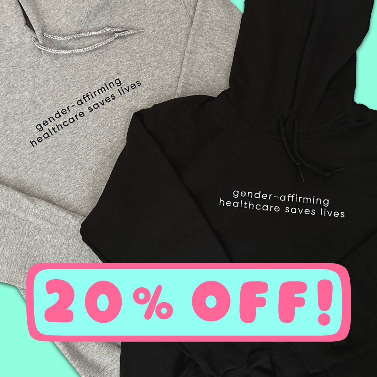 Gender-Affirming Healthcare Saves Lives embroidered hoodies are 20% off today and tomorrow! Pre-order today and get a head start on your holiday shopping! 🏳️‍⚧️ SHOP: megemikoart.com