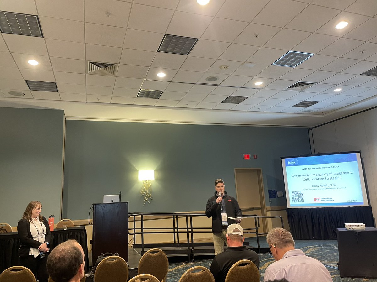 .<a href="/MsJennyNovak/">Jenny Novak, CEM</a> teaching #iaem23 about “systemwide emergency management”

Super cool that one of my best buds and a groomsman in our wedding <a href="/RobbieSpears/">Robbie Spears</a> got to introduce her.
