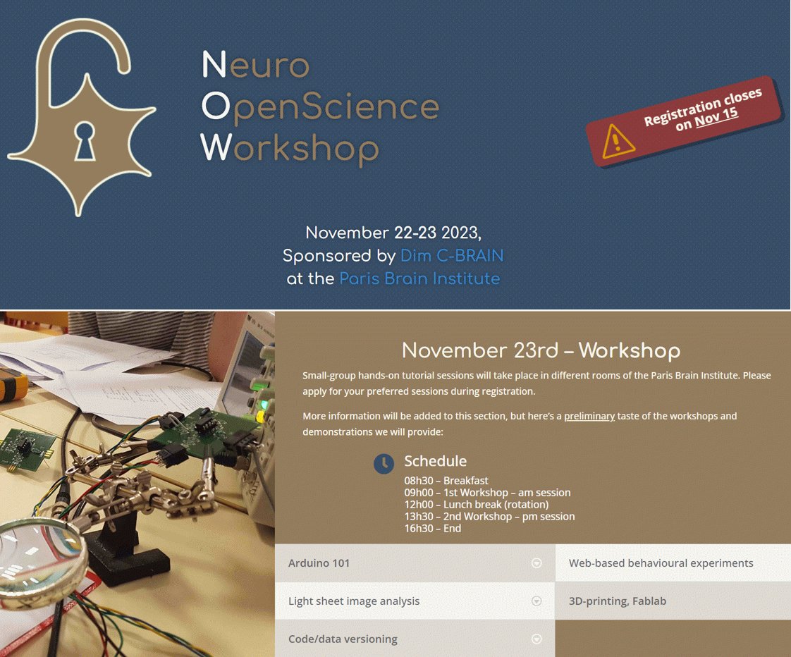 Hi all, my last call for the Neuro-Openscience workshop we organized on November 22-23. Almost packed but few seats left for hands-on session. Deadline to register is next week (Nov, 15th)!
Sign-up here if interested: open-neuro.org