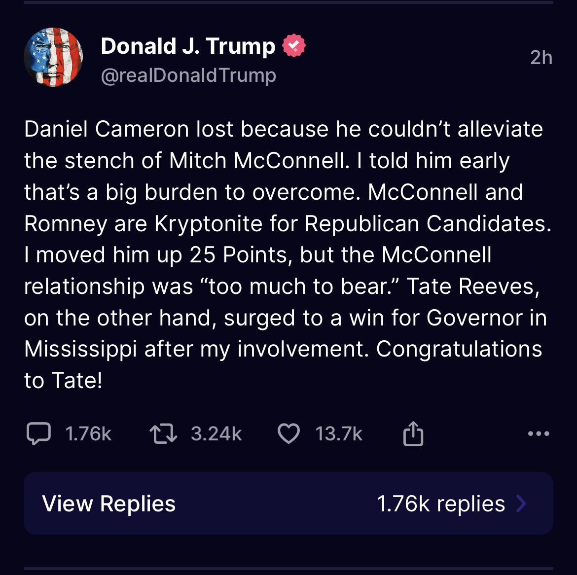 mckennahorsley's tweet image. Former President Donald Trump on the #kygov race via Truth Social. 

Trump endorsed AG Daniel Cameron early on in the race.