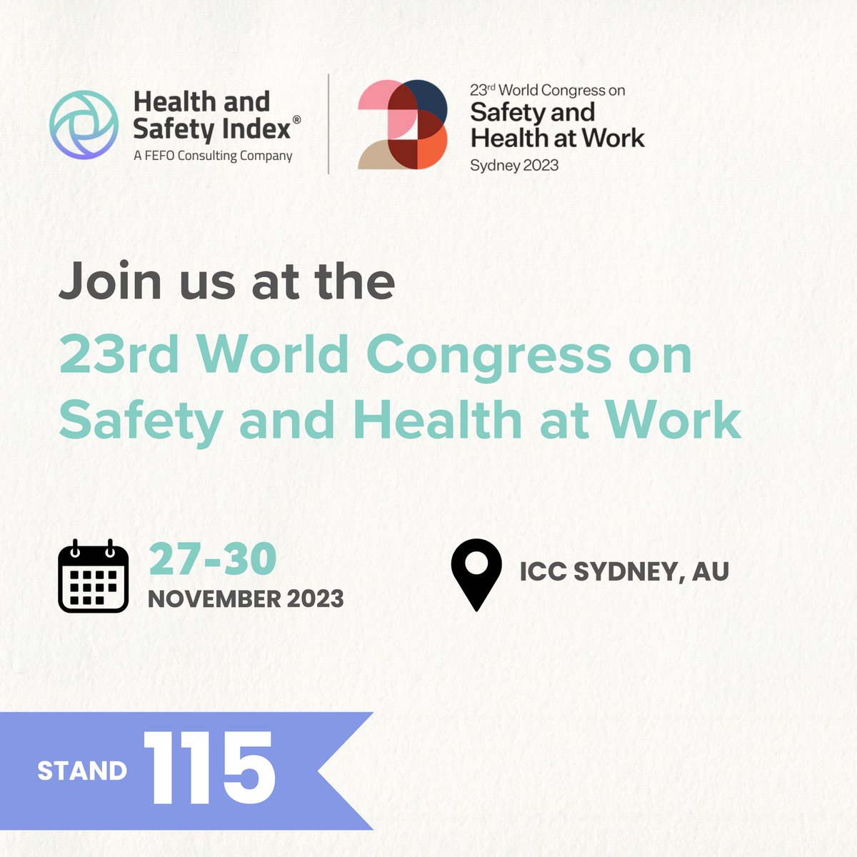 Health_SafetyDx's tweet image. The countdown is on! Only a few weeks left before the 23rd World Congress on Safety and Health at Work! 

Visit our exhibit (#115) for a 𝗰𝗵𝗮𝗻𝗰𝗲 𝘁𝗼 𝘄𝗶𝗻 $𝟭,𝟬𝟬𝟬!

Register now: safety2023sydney.com

#fefo #healthandsafetyindex #WorldCongres