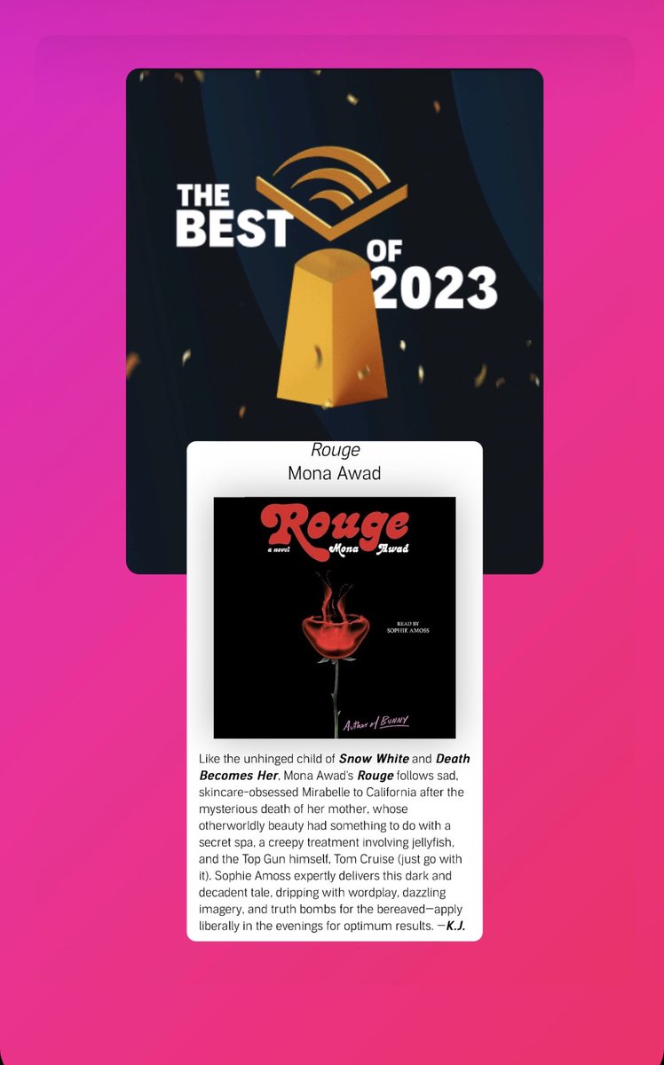 Honored to see ROUGE by Mona Awad, narrated by yours truly—listed as one Audible’s “Best of 2023” ❤️🥀🐇#AudiblesBestOf2023